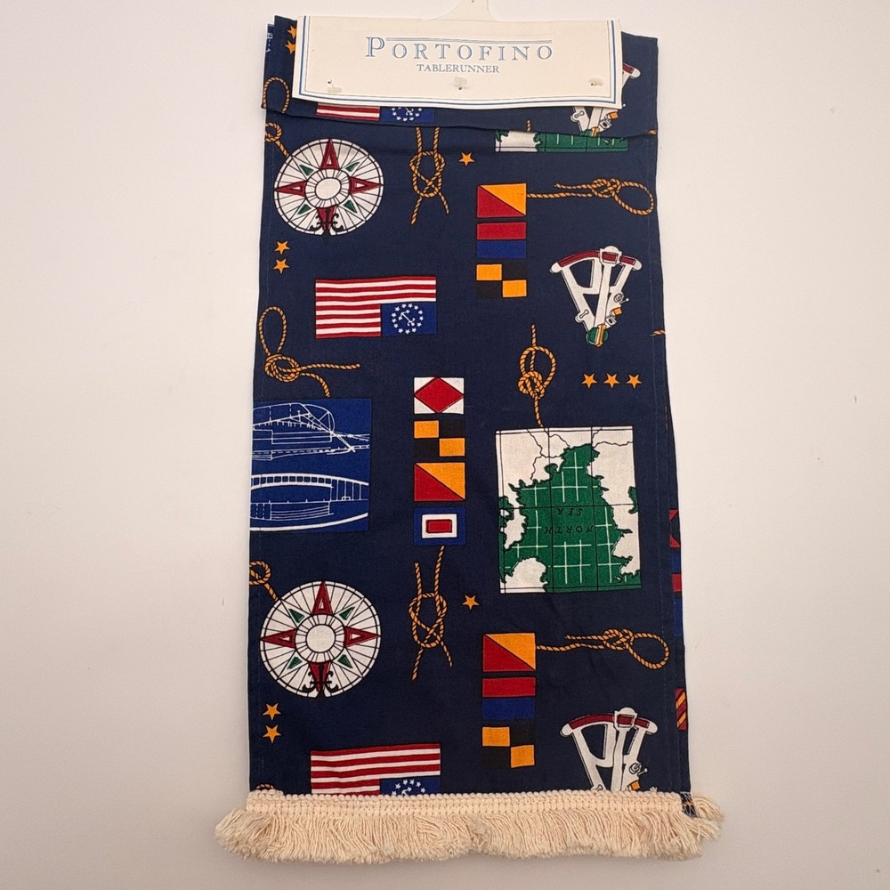 Portofino Yacht Club Table Runner Navy Blue Nautical Fringe 13x54 NWT
